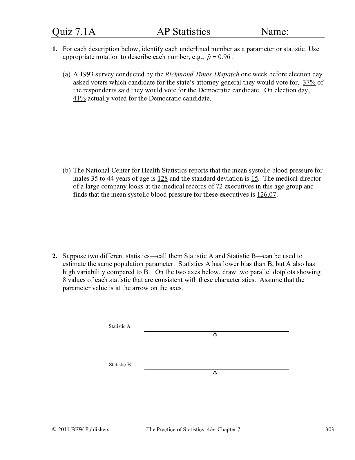 Quiz 7.1A AP Statistics