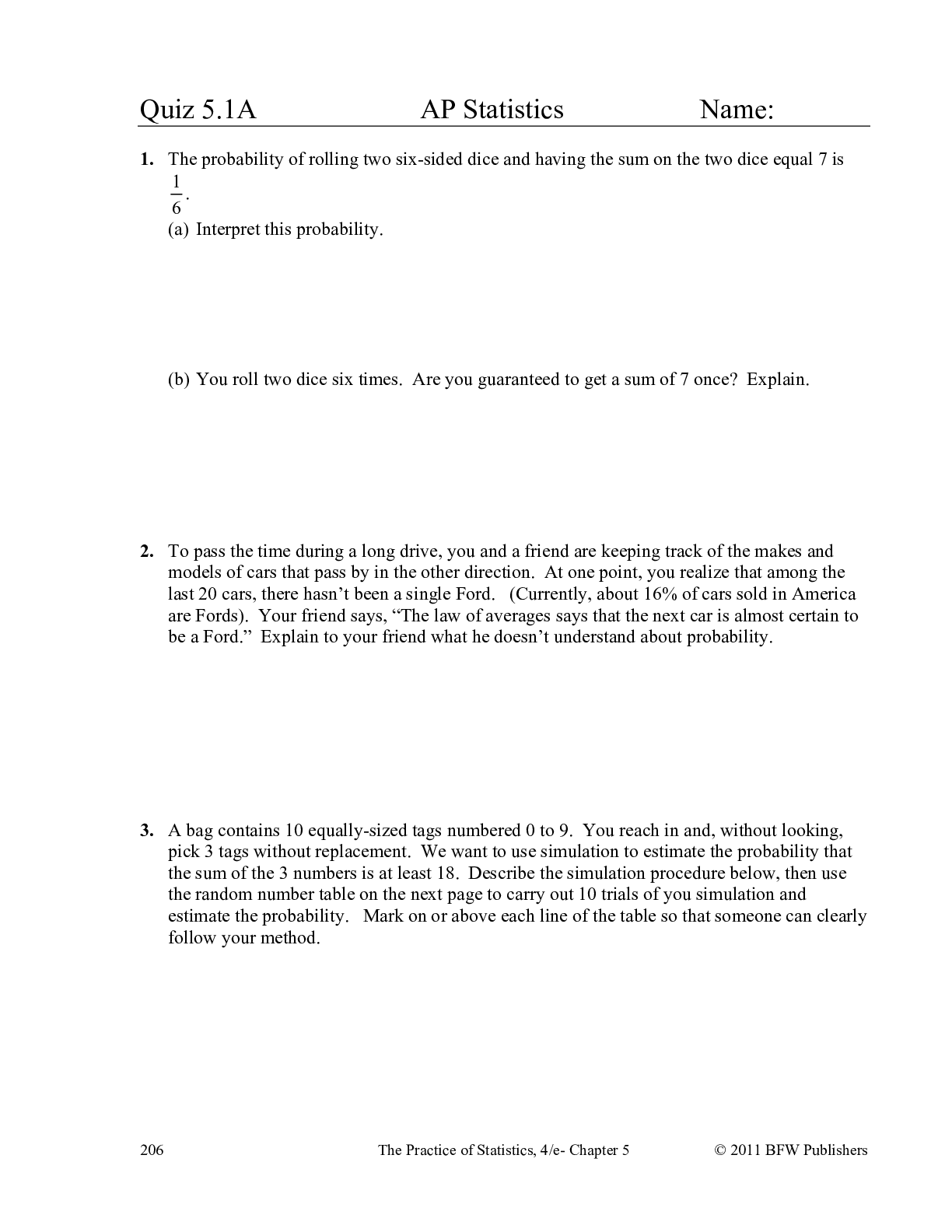 Quiz 5.1A  AP Statistics