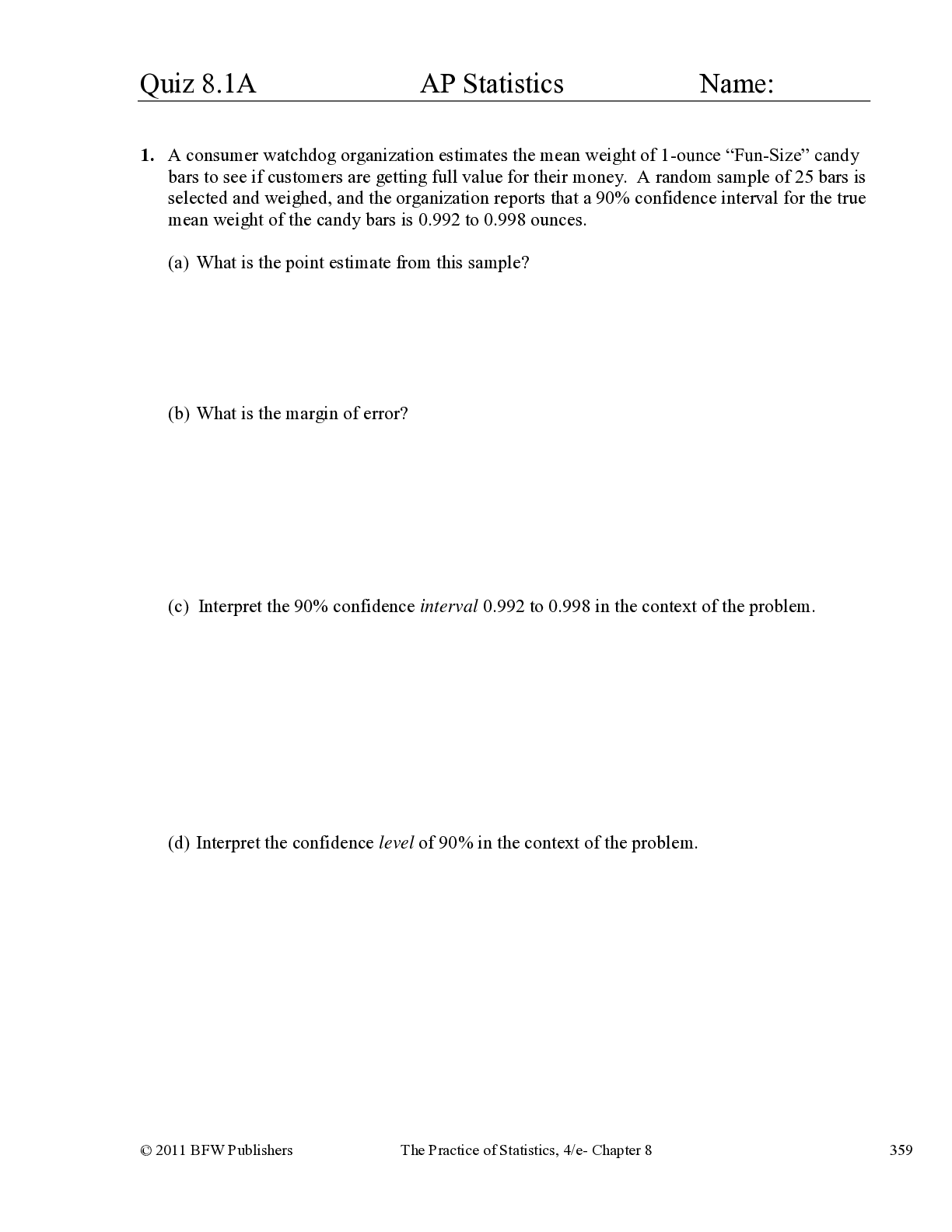 Quiz 8.1A AP Statistics