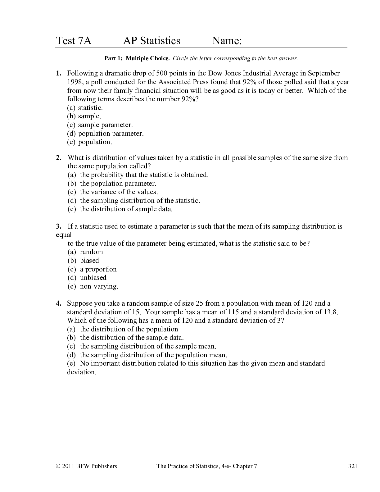 Test 7A AP Statistics