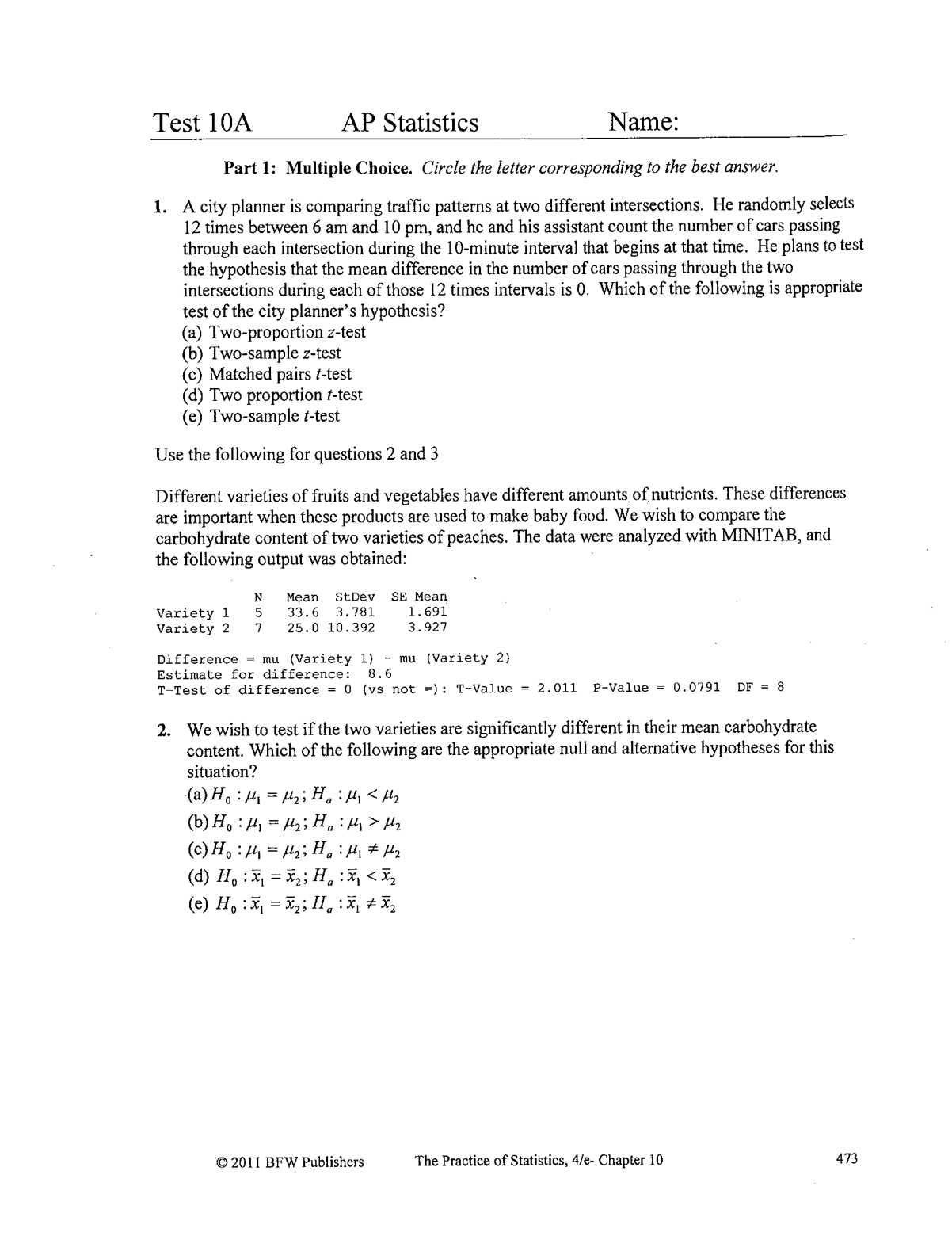 TEST 10A AP Statistics