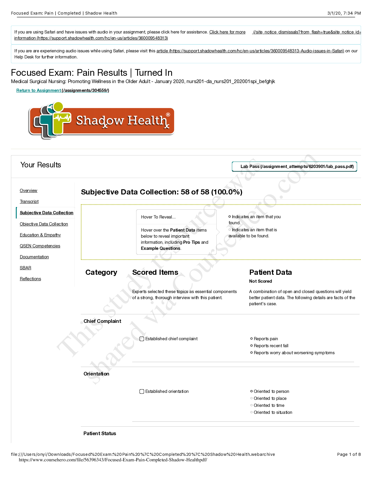 Focused Exam: Pain | Completed | Shadow Health