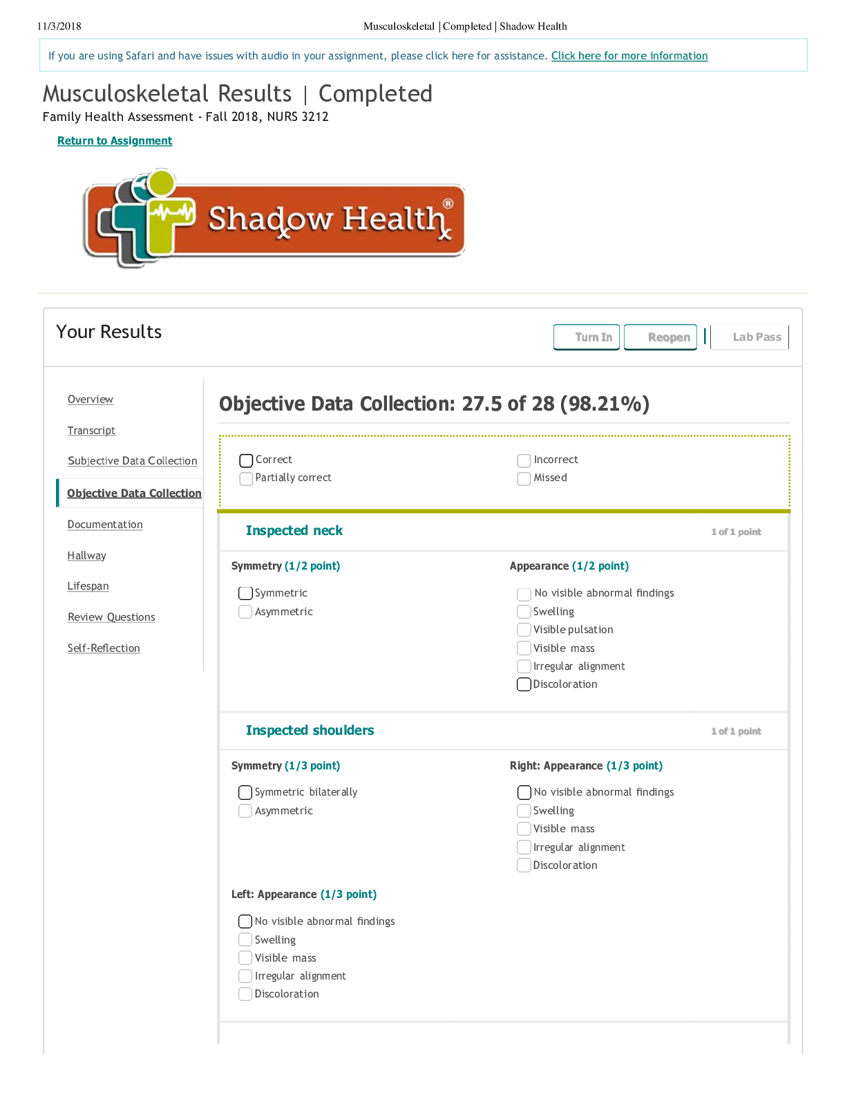Musculoskeletal Results | Completed Family Health Assessment - Fall 2018, NURS 3212