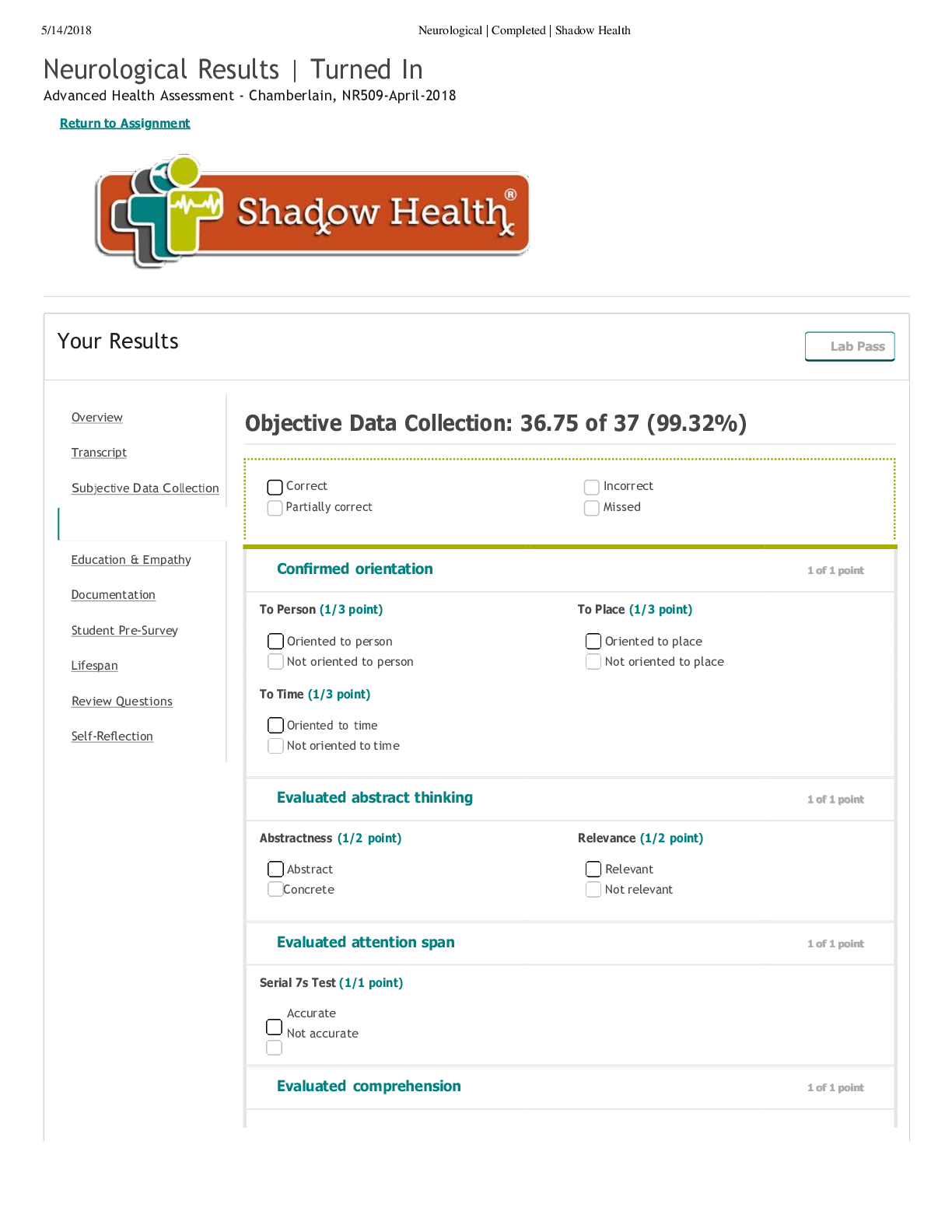 Neurological Results | Turned In Advanced Health Assessment - Chamberlain, NR509-April-2018