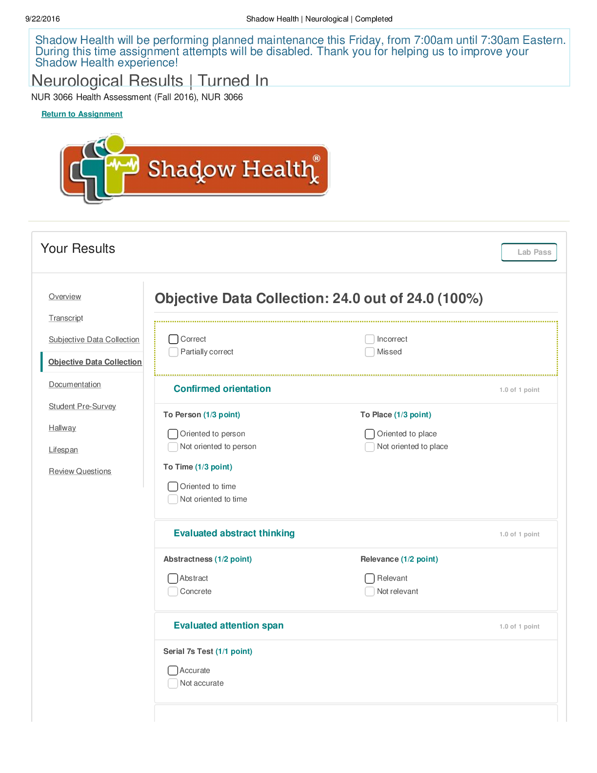 Neurological Results | Turned In NUR 3066 Health Assessment (Fall 2016), NUR 3066