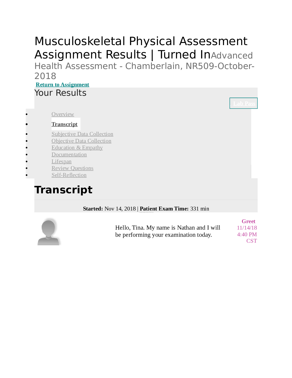 Musculoskeletal Physical Assessment  Assignment Results