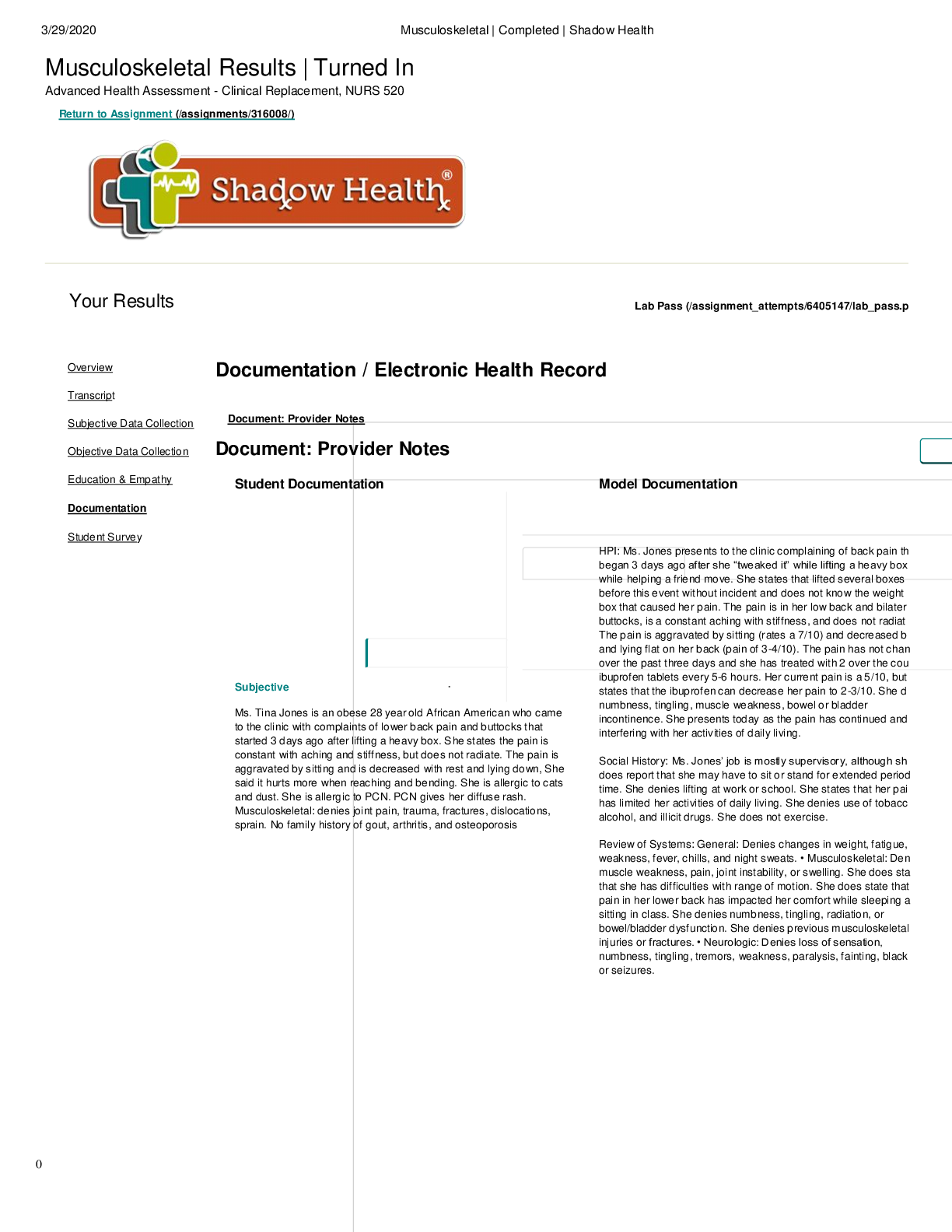 Musculoskeletal Results | Turned In Advanced Health Assessment - Clinical Replacement, NURS 520