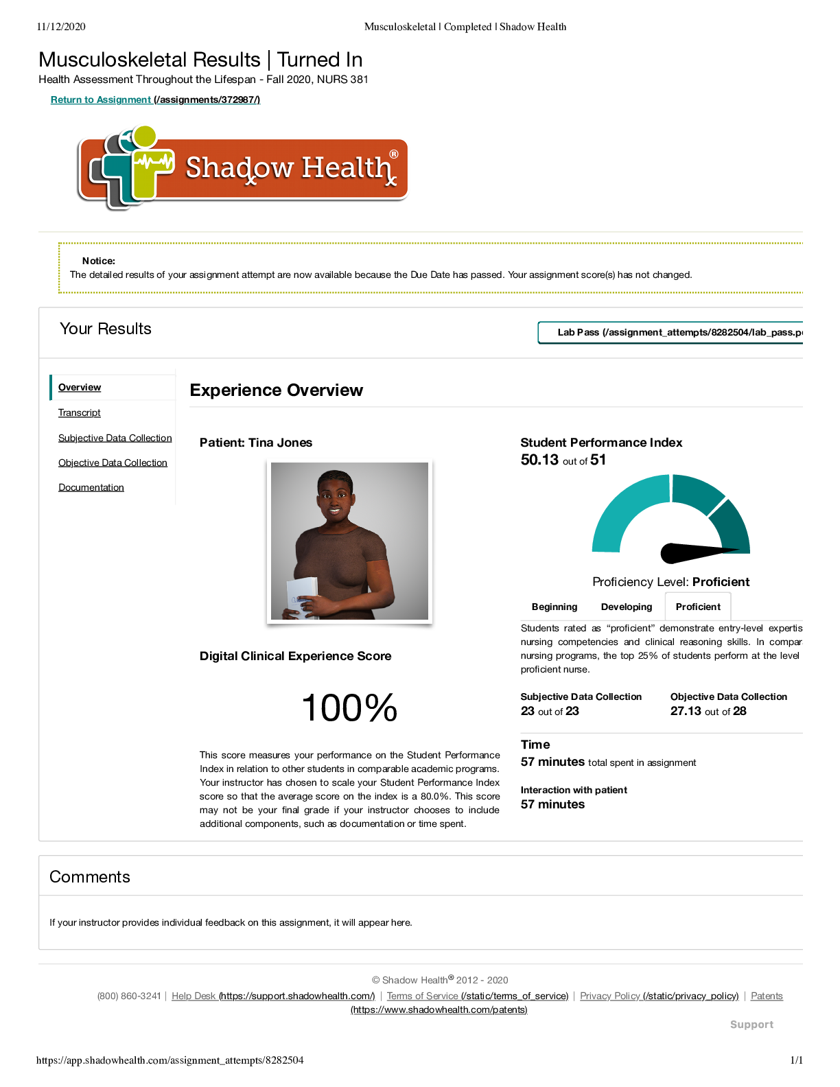 Musculoskeletal Results | Turned In Health Assessment Throughout the Lifespan - Fall 2020, NURS 381