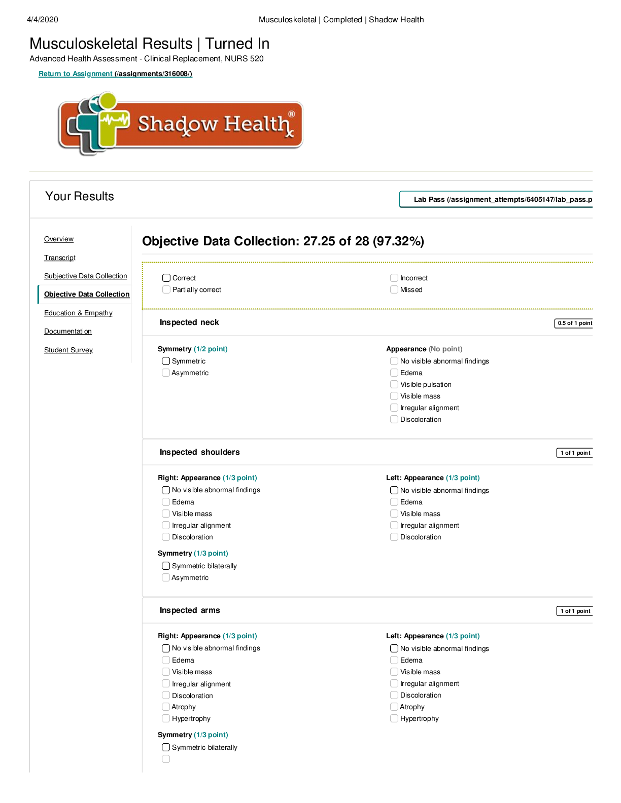 Musculoskeletal Results | Turned In Advanced Health Assessment - Clinical Replacement, NURS 520