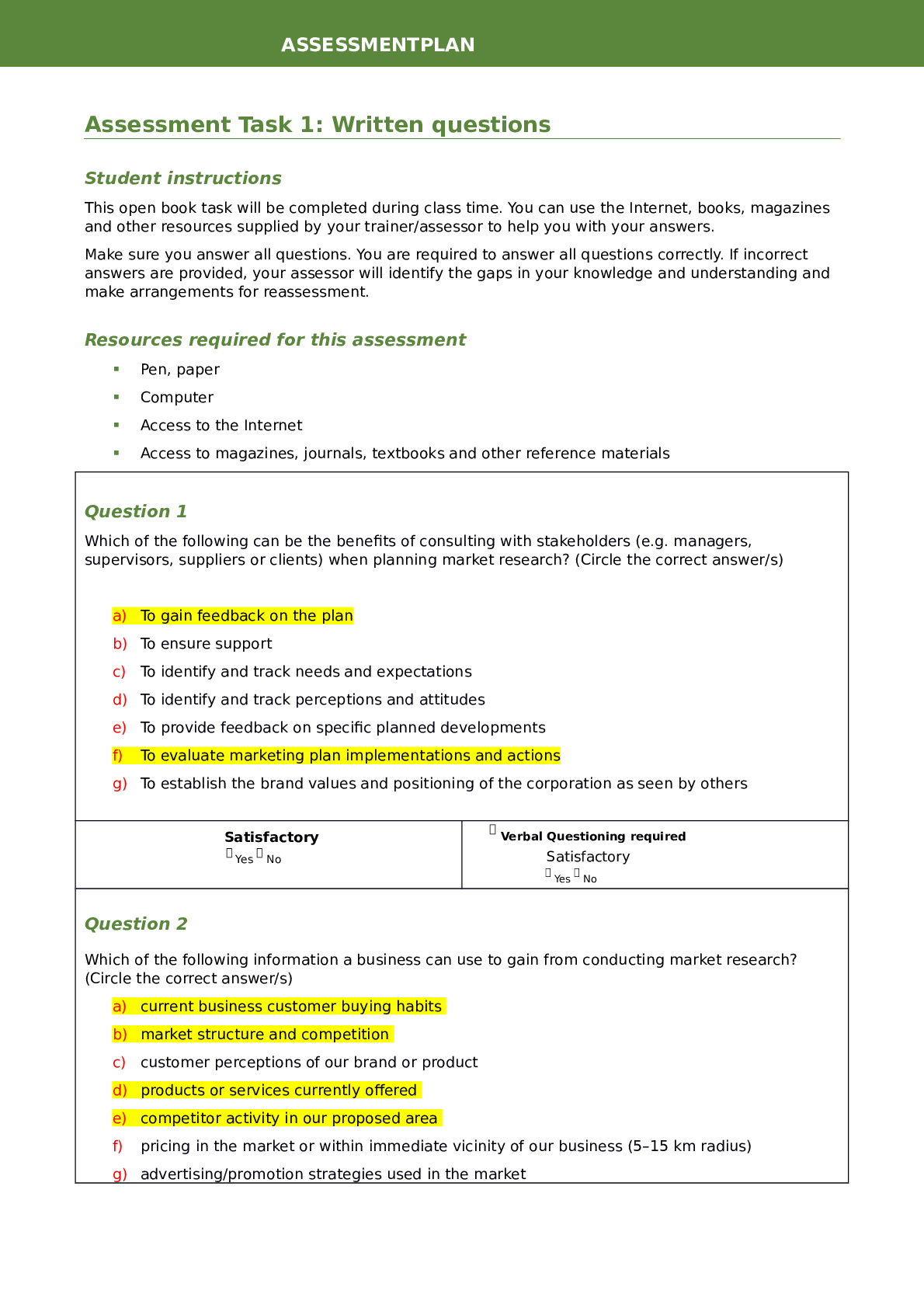 Assessment Plan Task 1: Written questions