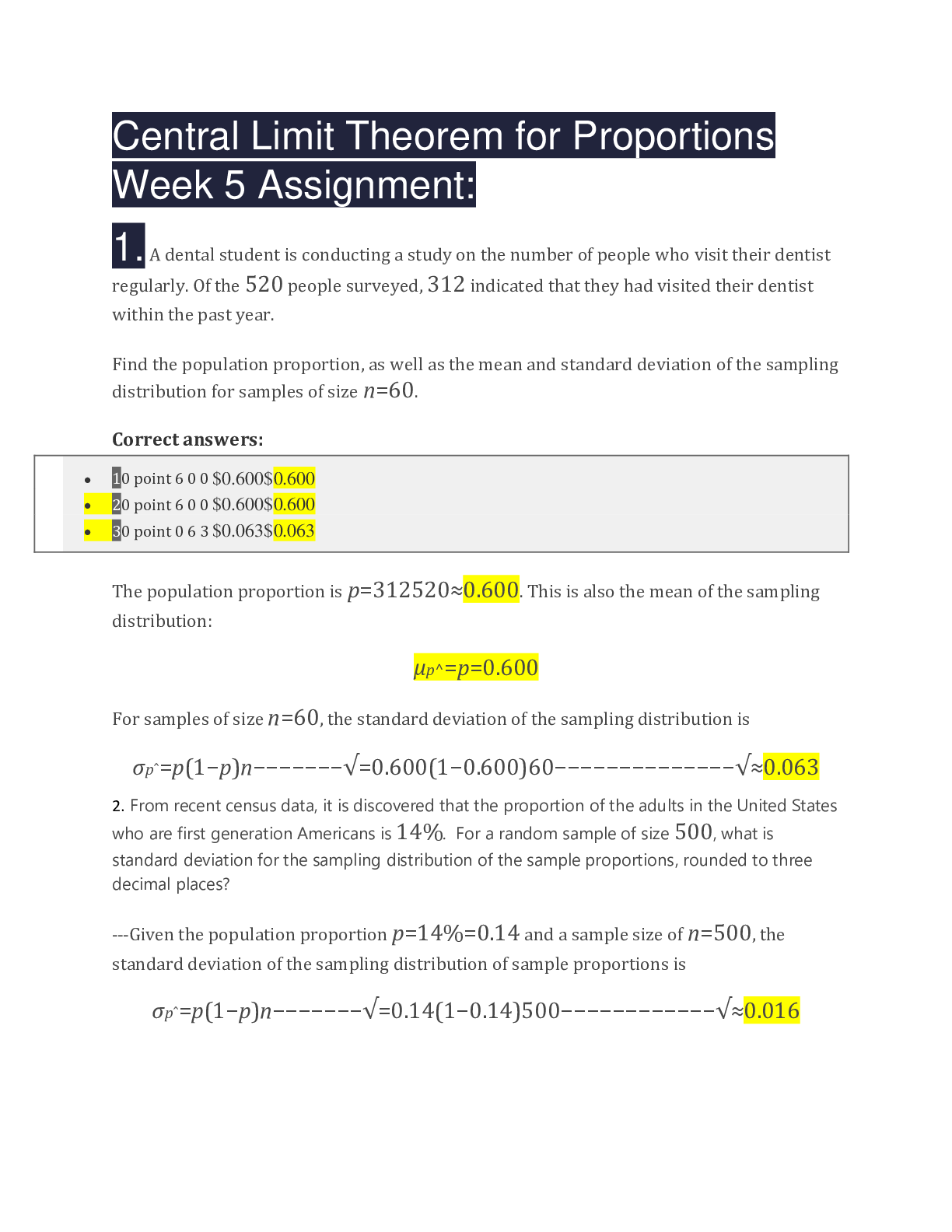 Central Limit Theorem for Proportions Week 5 Assignment
