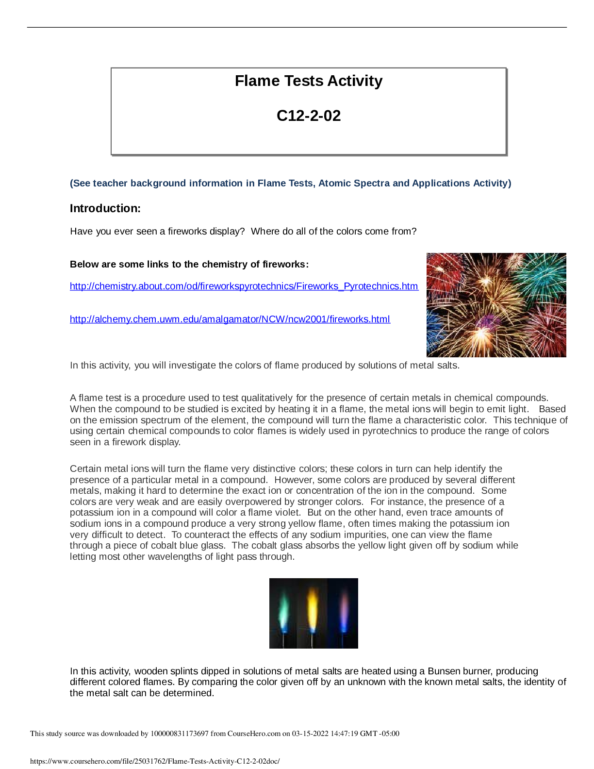Flame Tests Activity C12-2-02