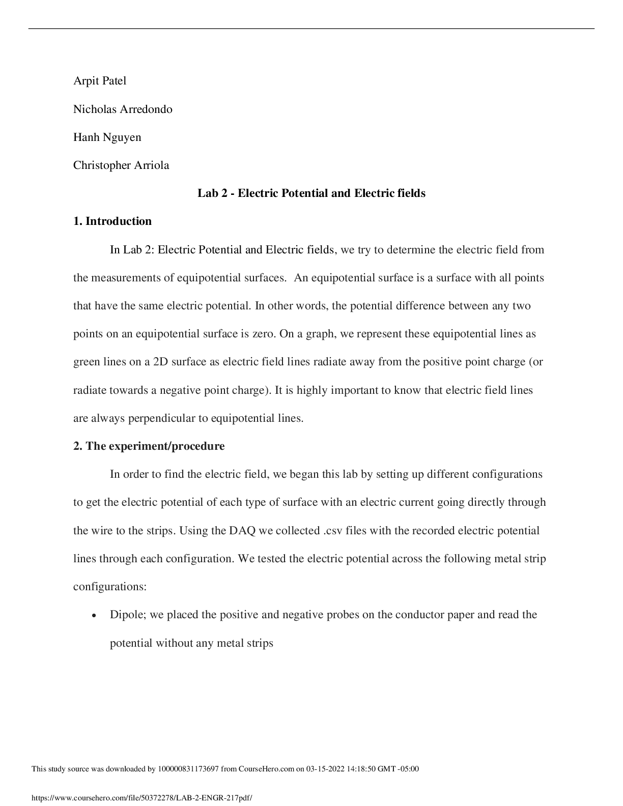 Lab 2 - Electric Potential and Electric fields