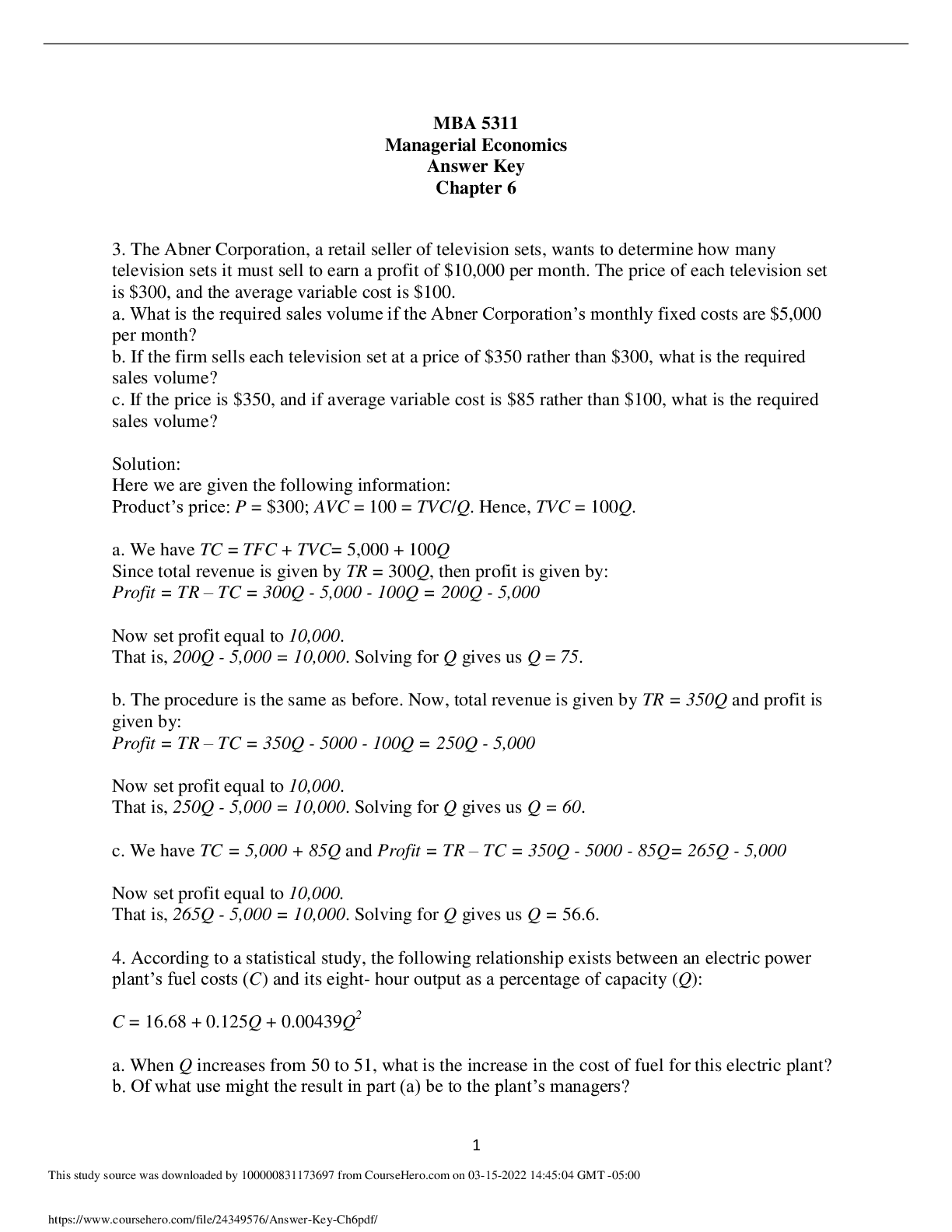 MBA 5311 Managerial Economics ; Chapter 6