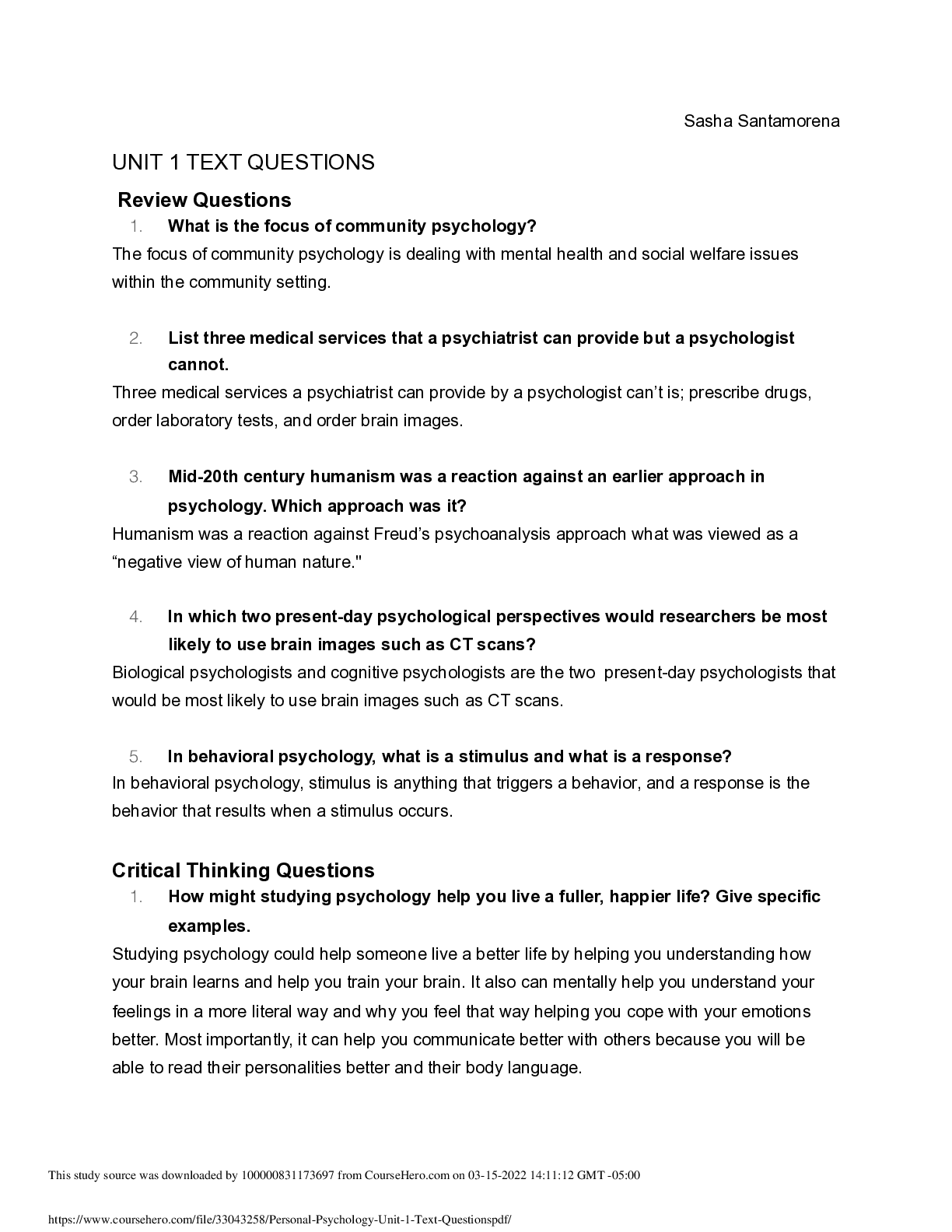 UNIT 1 :  personal psychology