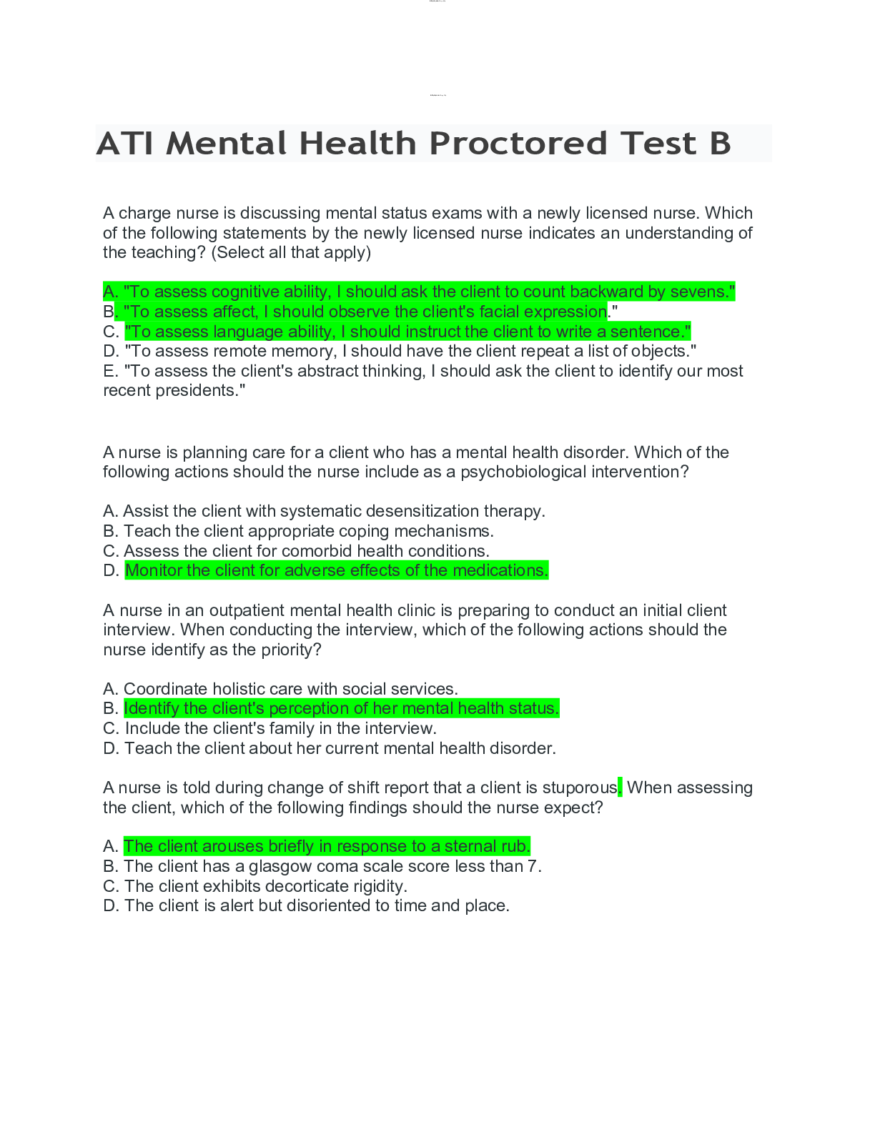 RN ATI mental health practice test B 2019