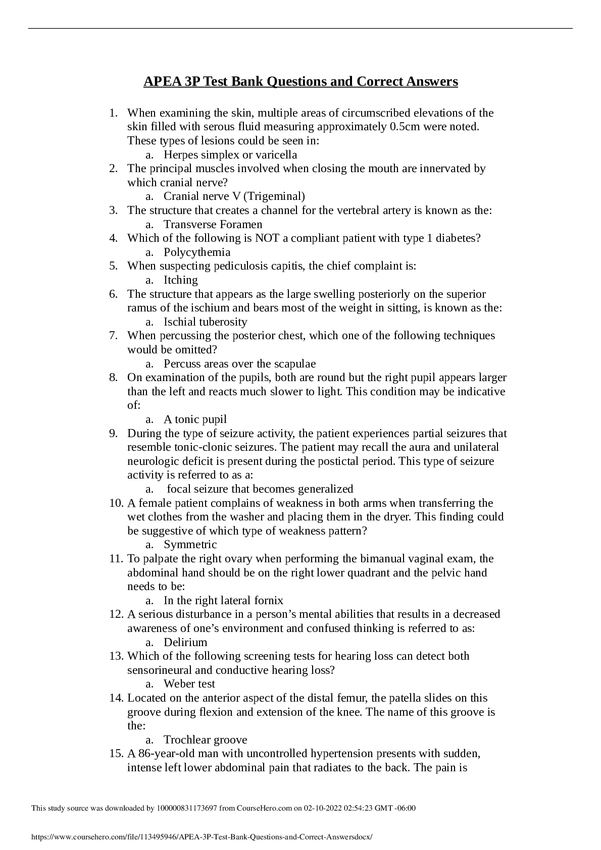 APEA 3P Test Bank with questions and answers