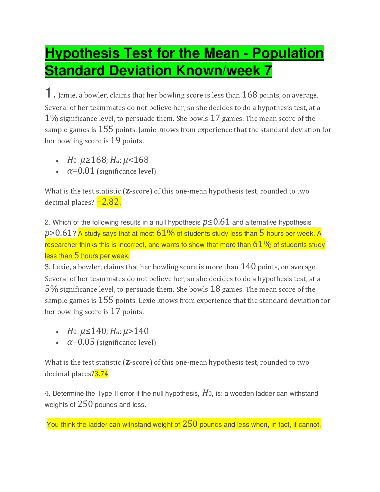 Hypothesis Test for the Mean - Population Standard Deviation Known week 7
