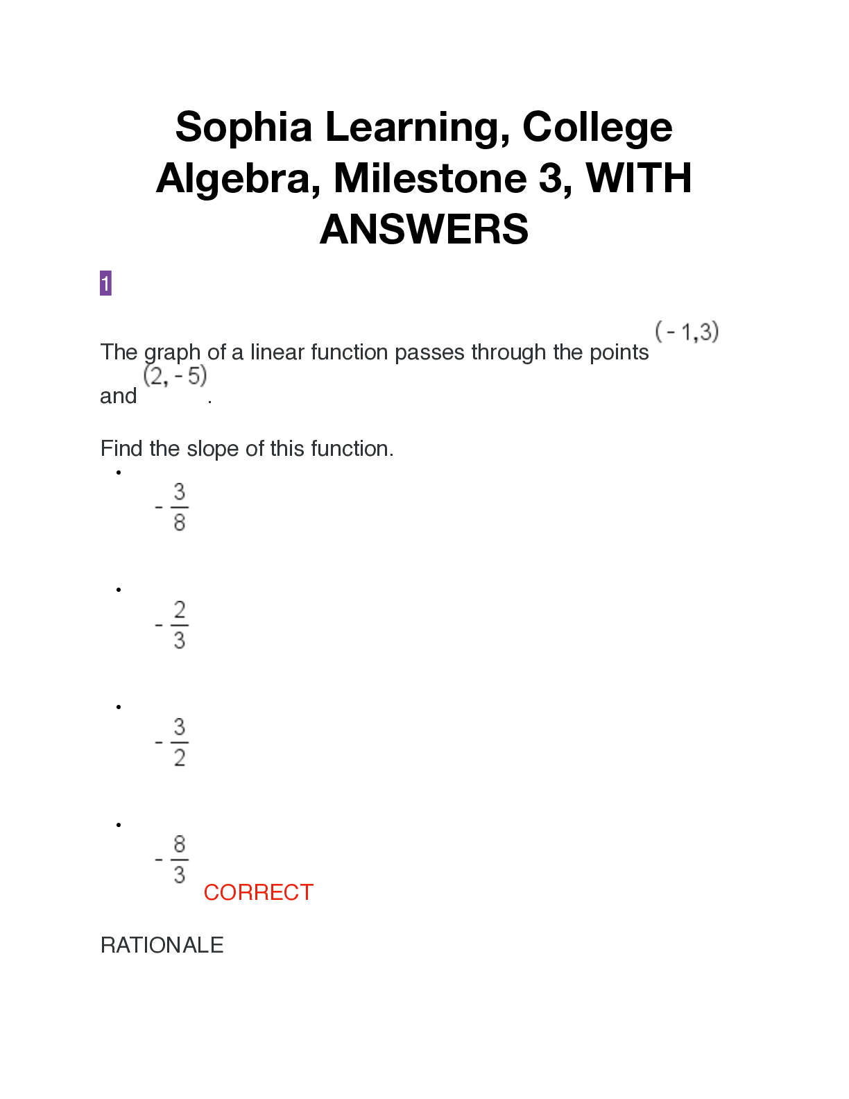 Sophia Learning, College  Algebra, Milestone 3, WITH  ANSWERS