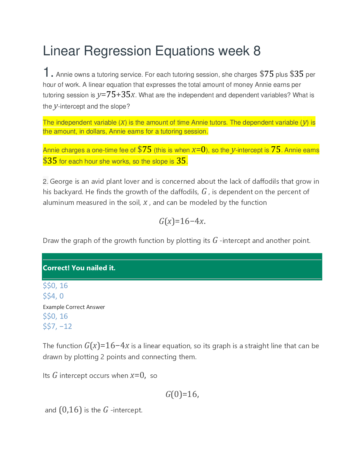 Linear Regression Equations week 8
