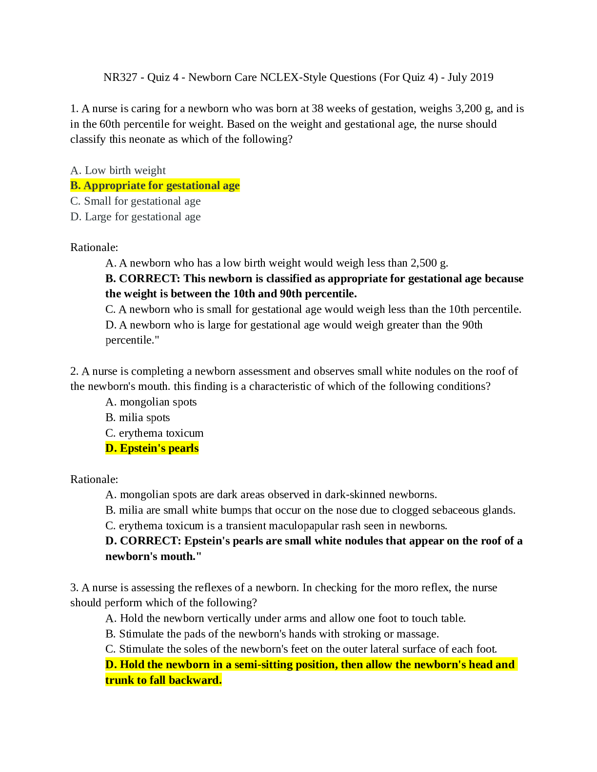 NR327 - Quiz 4 - Newborn Care NCLEX-Style Questions (For Quiz 4) - July 2019