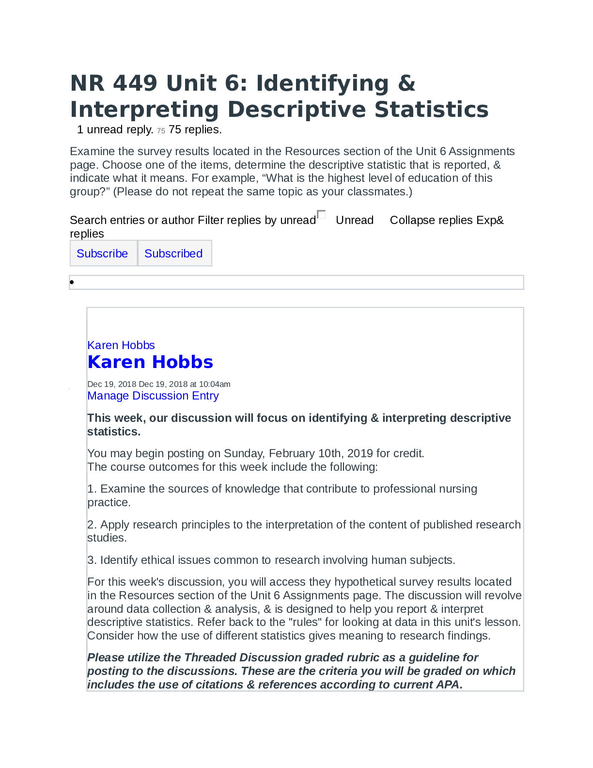 NR 449 Unit 6: Identifying &  Interpreting Descriptive Statistics