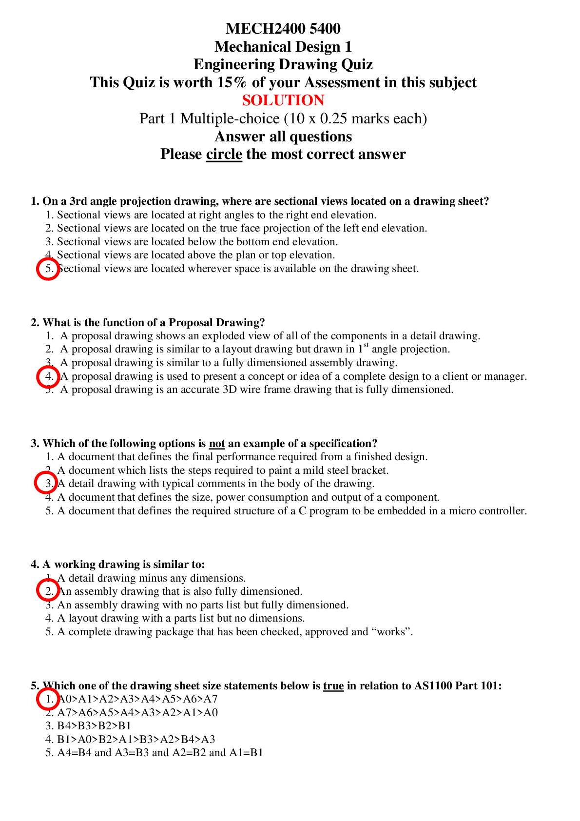 MECH2400 5400  Mechanical Design 1  Engineering Drawing Quiz
