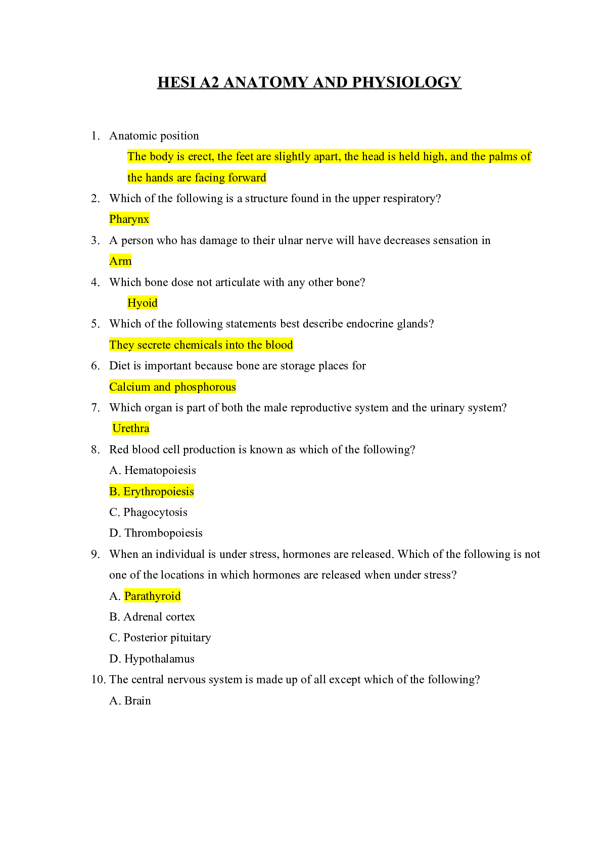 HESI A2 ANATOMY AND PHYSIOLOGY