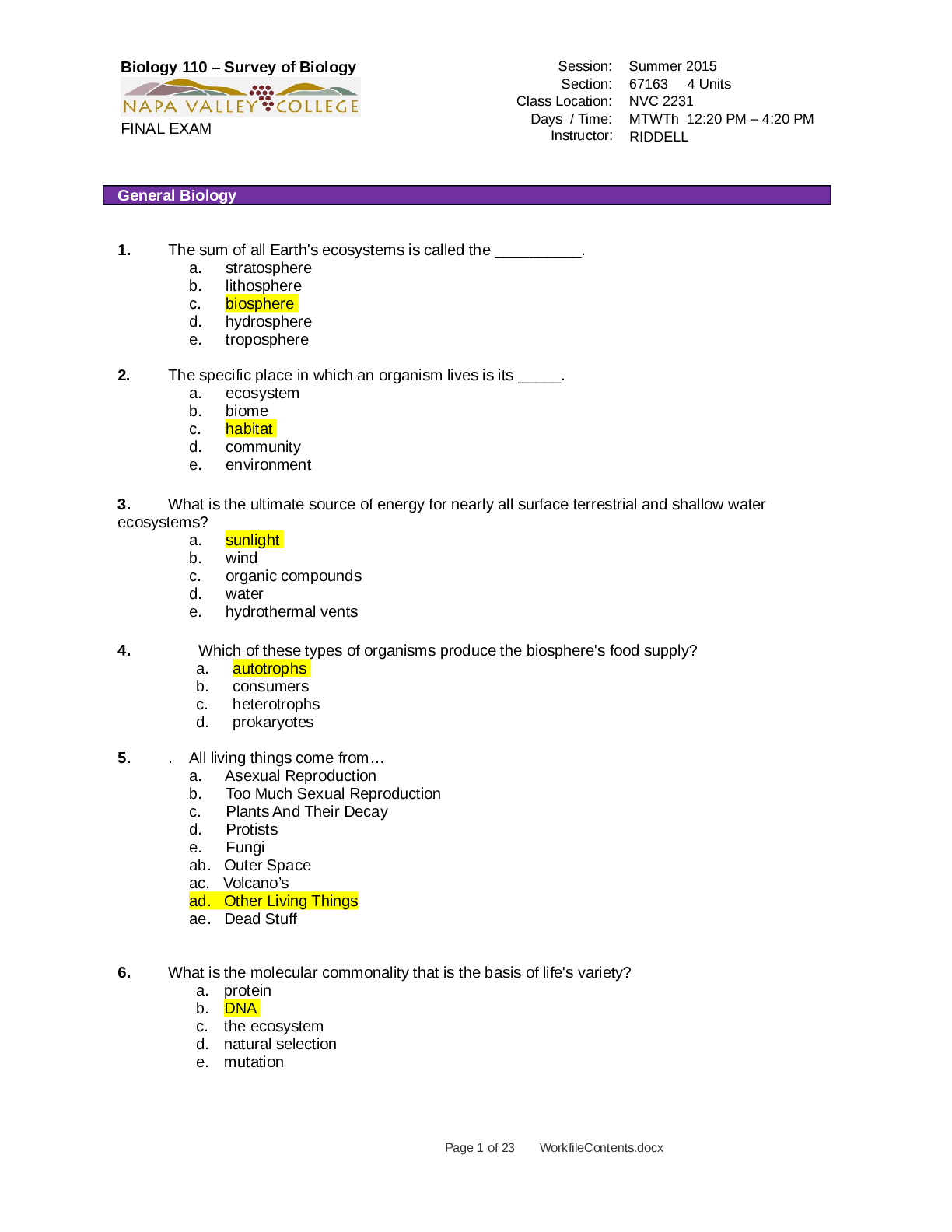 Biology 110 – Survey of Biology FINAL EXAM