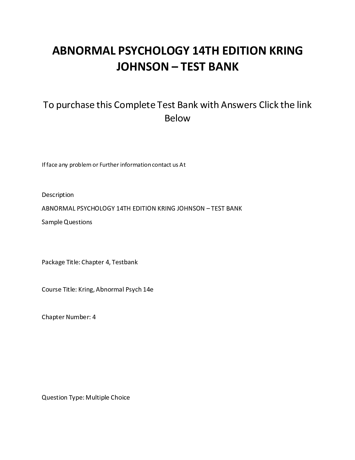 ABNORMAL PSYCHOLOGY 14TH EDITION KRING JOHNSON – TEST BANK