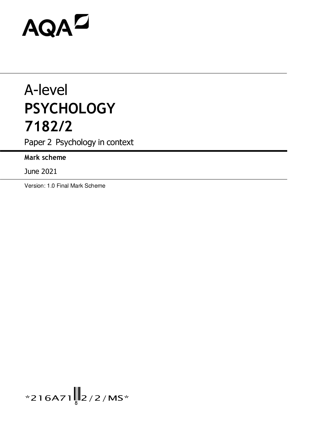 A-level PSYCHOLOGY 7182/2