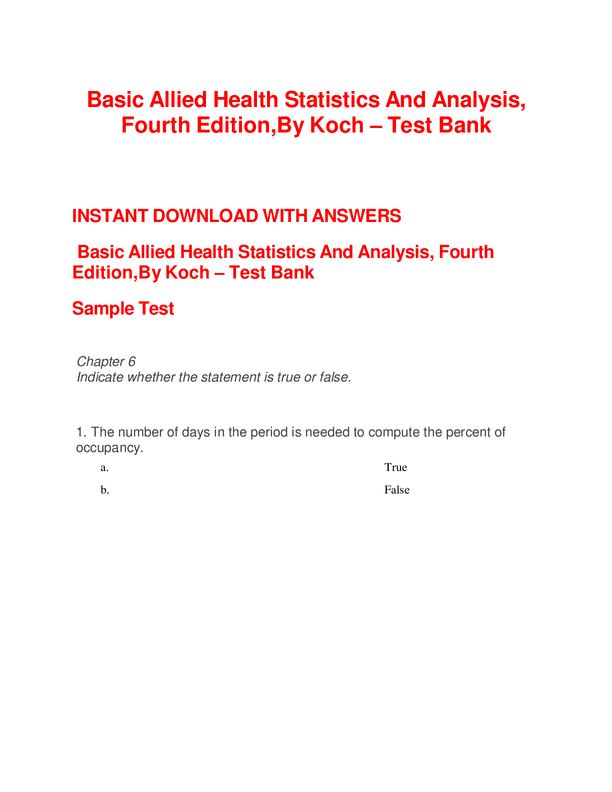 Basic Allied Health Statistics And Analysis, Fourth Edition,By Koch – Test Bank