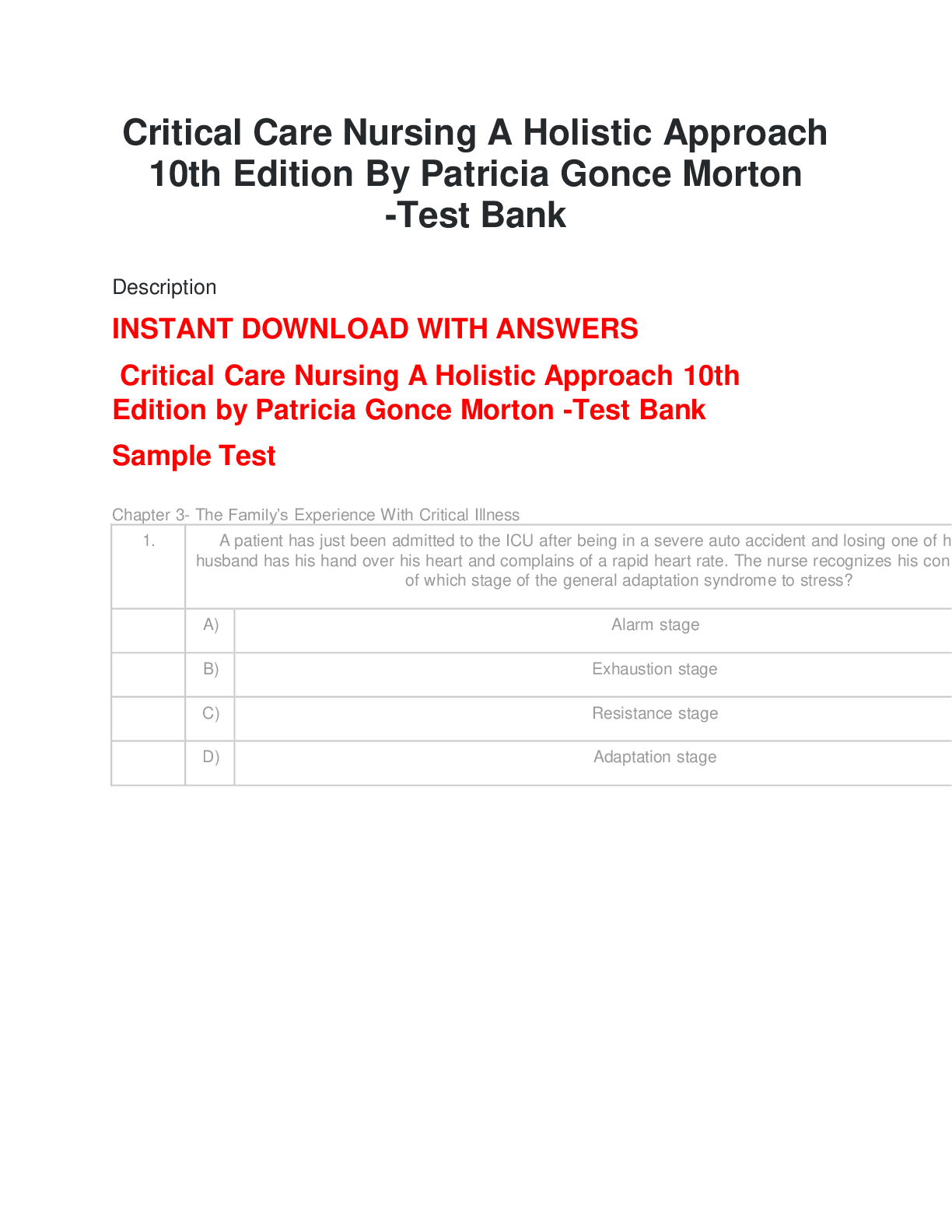 Critical Care Nursing A Holistic Approach 10th Edition By Patricia Gonce Morton -Test Bank