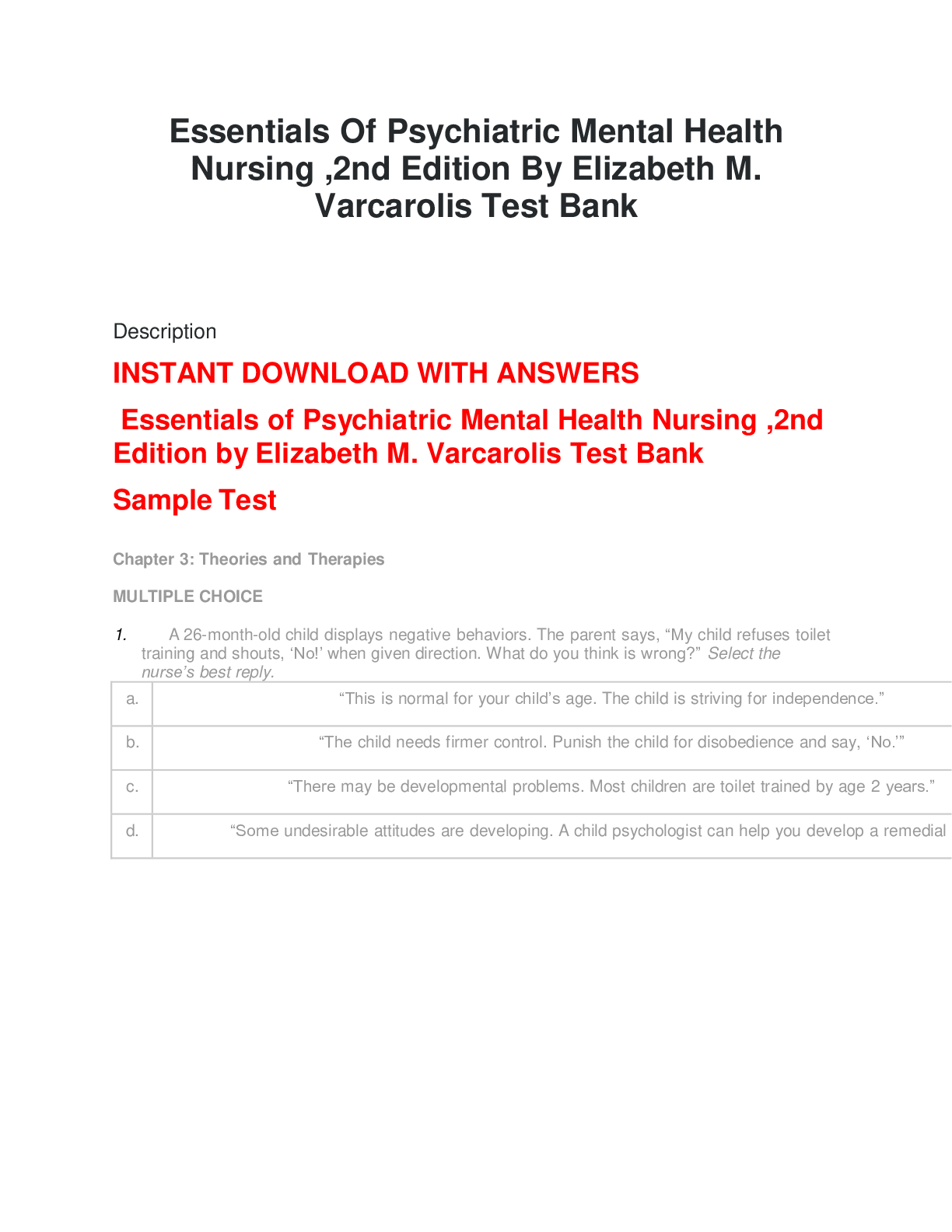 Essentials Of Psychiatric Mental Health Nursing ,2nd Edition By Elizabeth M. Varcarolis Test Bank