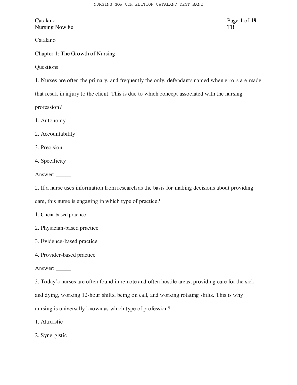 NURSING NOW 8TH EDITION CATALANO TEST BANK NURSINGTB.COM Catalano