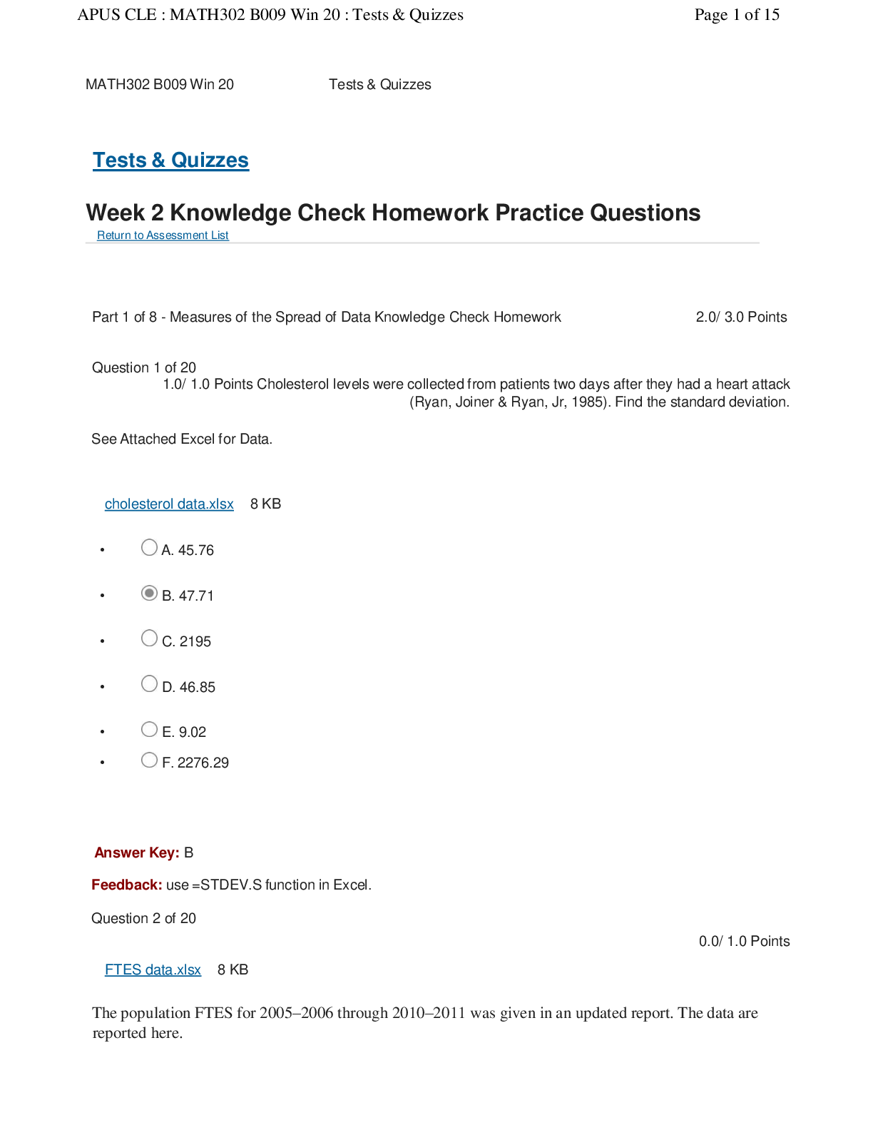 APUS CLE : MATH302 B009 Win 20 : Tests & Quizzes