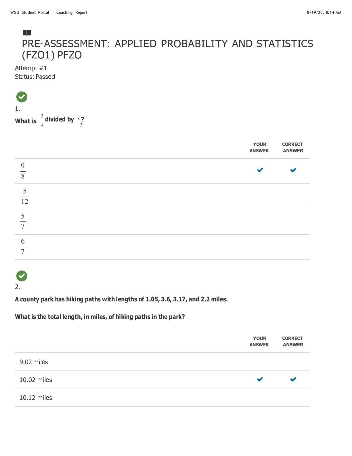 PRE-ASSESSMENT: APPLIED PROBABILITY AND STATISTICS (FZO1) PFZO