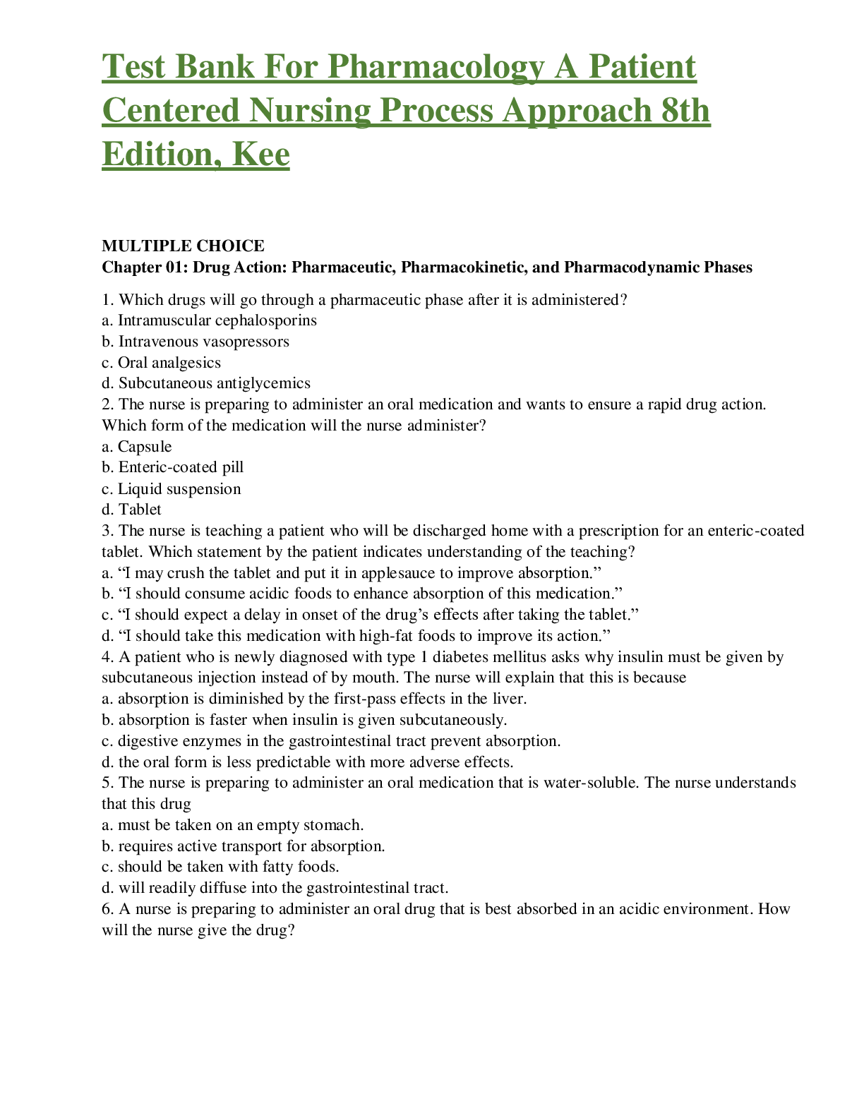 Test Bank For Pharmacology A Patient Centered Nursing Process Approach 8th Edition, Kee