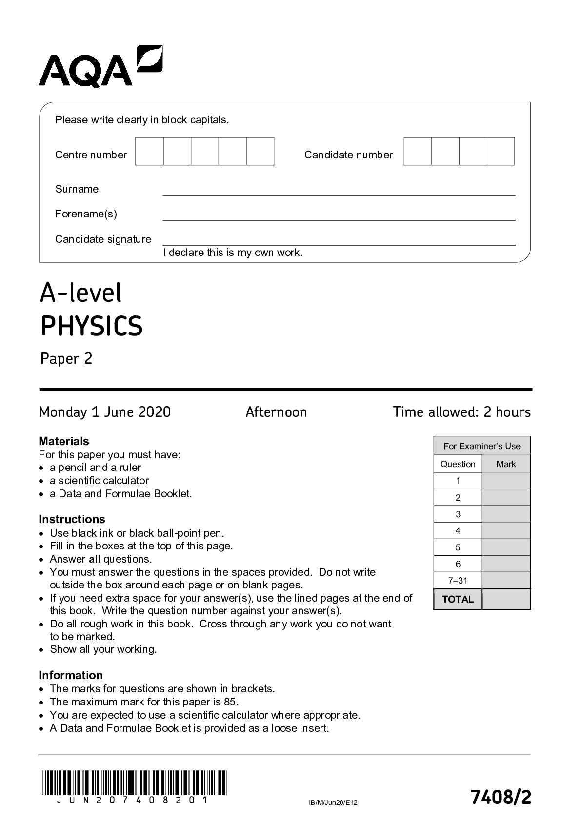 A-level PHYSICS Paper 2