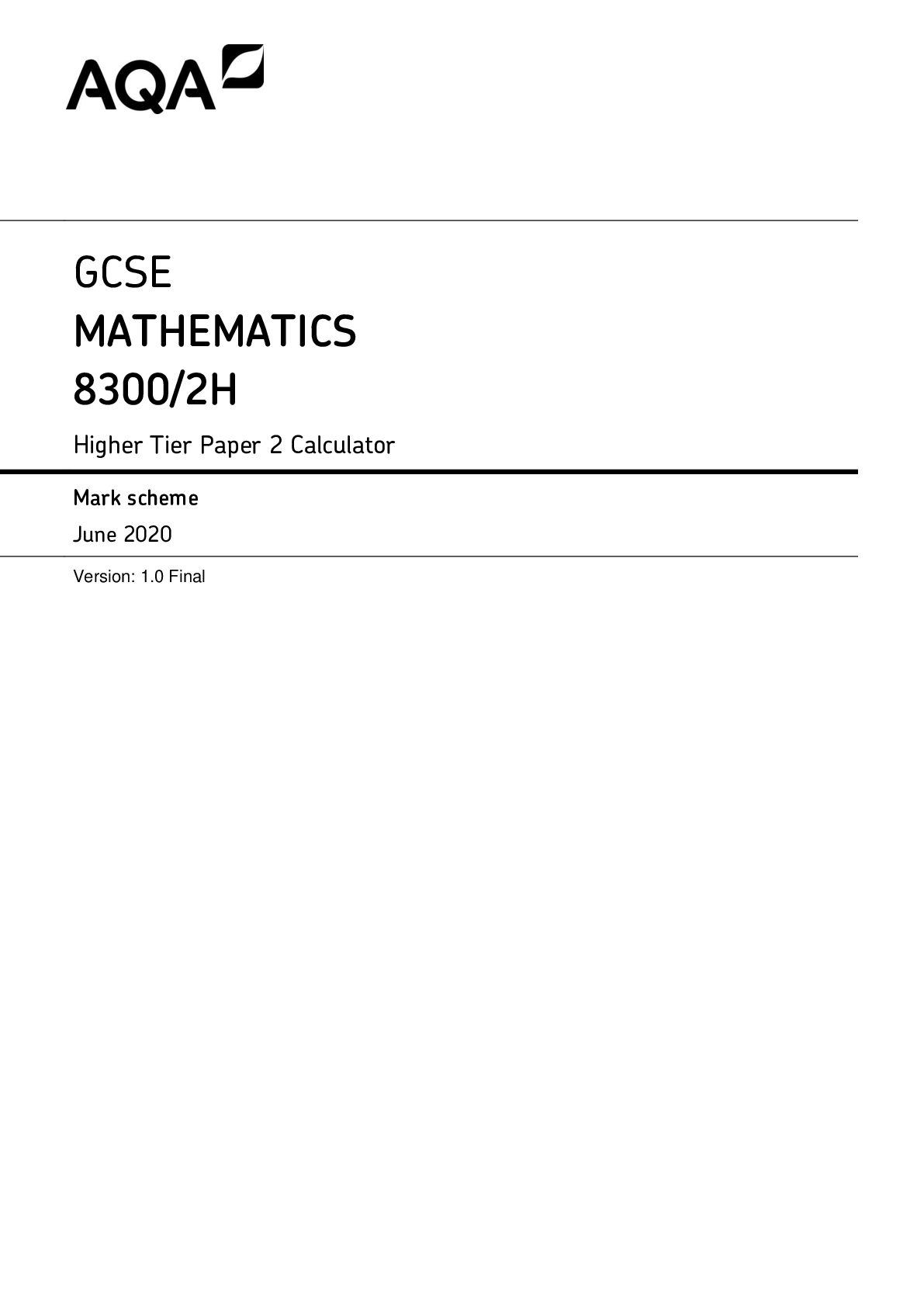 GCSE MATHEMATICS 8300/2H Higher Tier Paper 2 Calculator