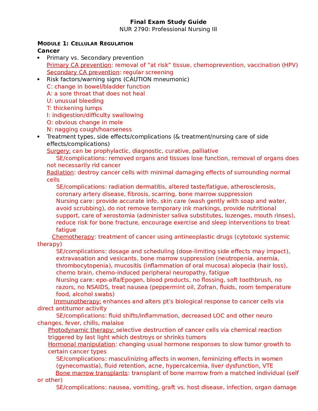 Final Exam Study Guide NUR 2790: Professional Nursing III
