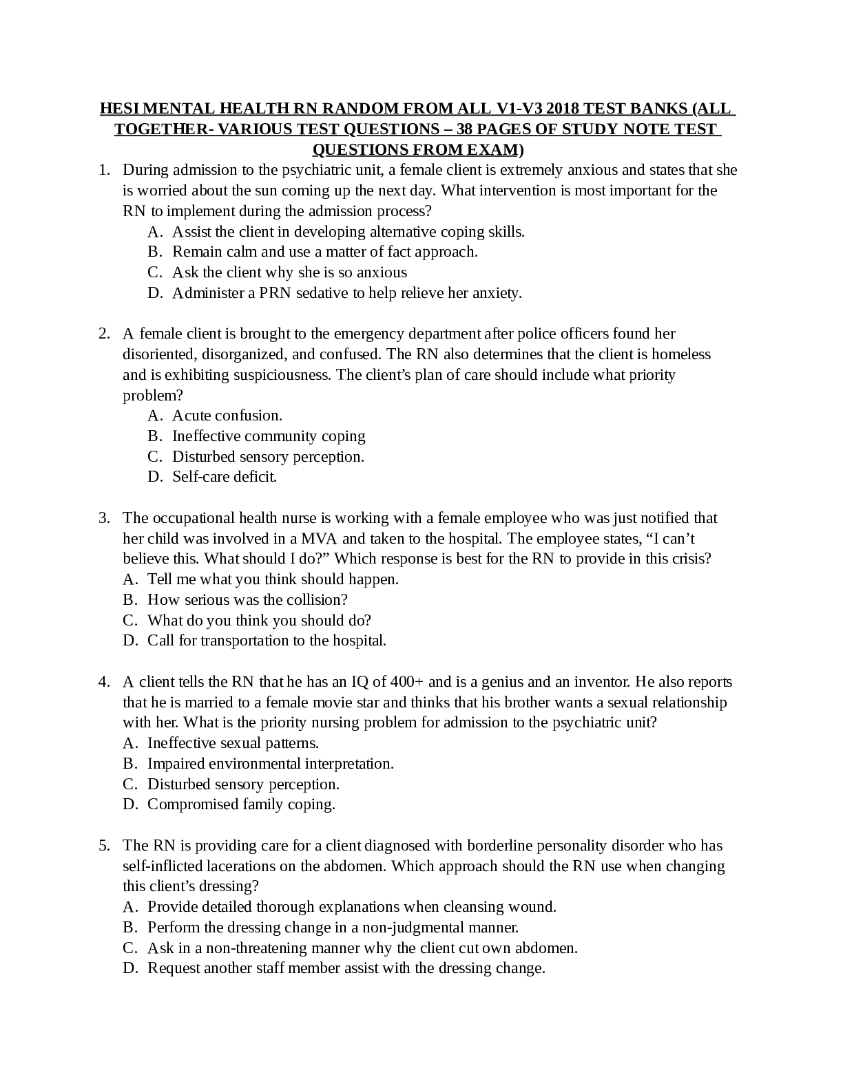 HESI MENTAL HEALTH RN RANDOM FROM ALL V1-V3 2018 TEST BANKS (ALL TOGETHER- VARIOUS TEST QUESTIONS – 38 PAGES OF STUDY NOTE TEST QUESTIONS FROM EXAM)