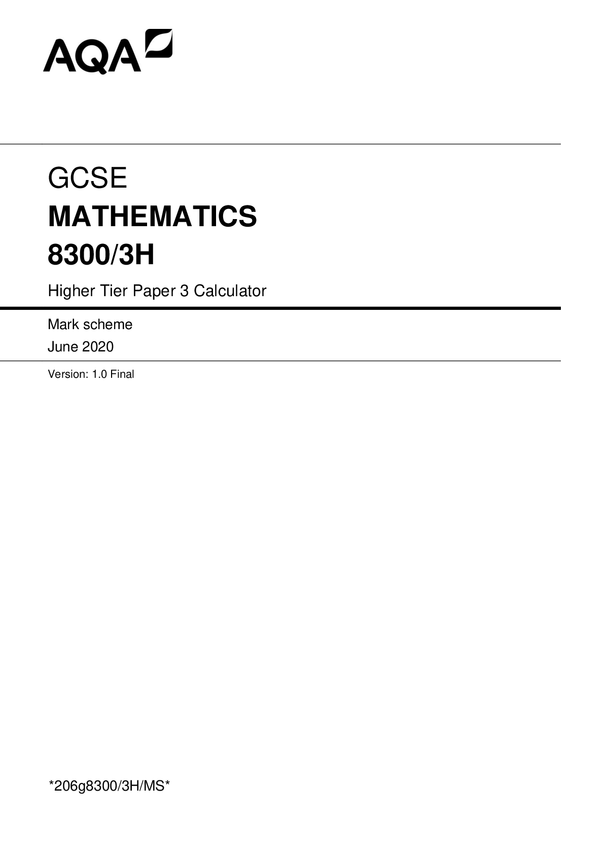 GCSE MATHEMATICS 8300/3H Higher Tier Paper 3 Calculator