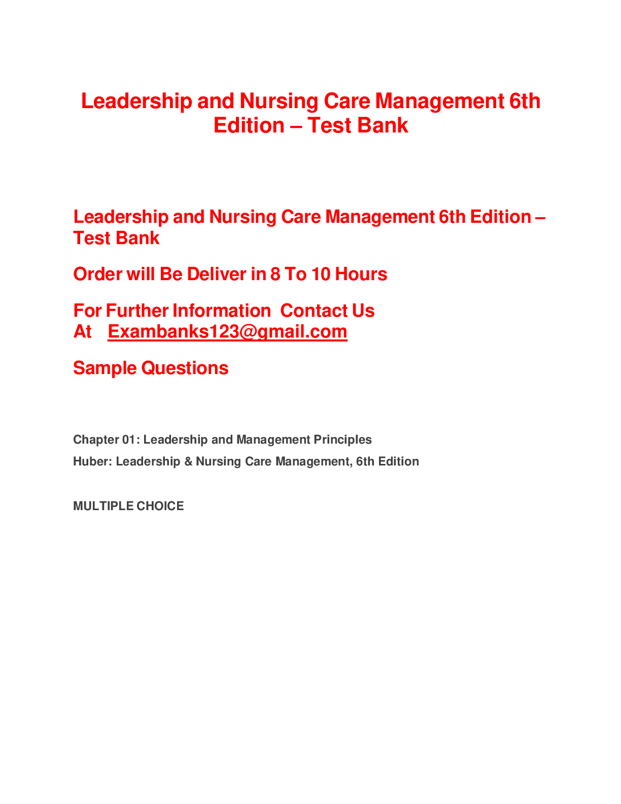 Leadership and Nursing Care Management 6th Edition – Test Bank