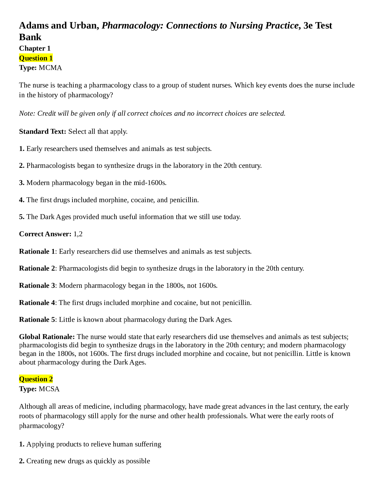 Adams and Urban, Pharmacology: Connections to Nursing Practice, 3e Test  Bank