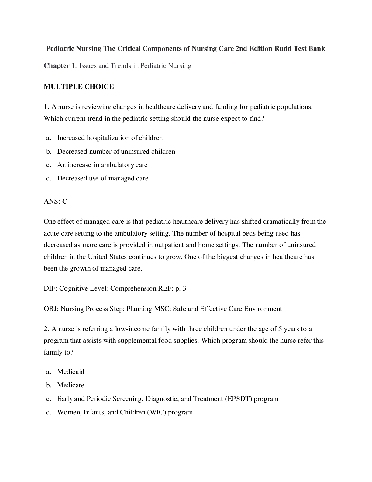 Pediatric Nursing The Critical Components of Nursing Care 2nd Edition Rudd Test Bank Chapter1