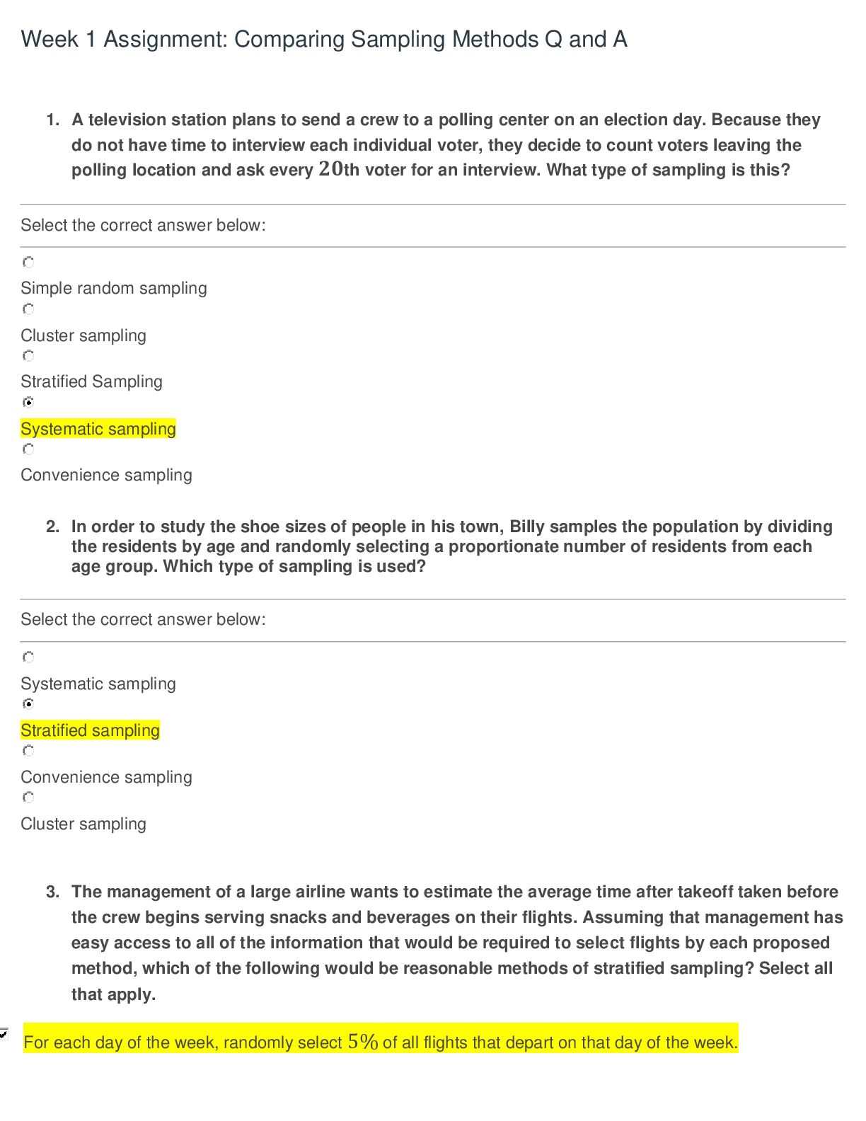 MATH 225N Week 1 Assignment: Comparing Sampling Methods Question and Answers