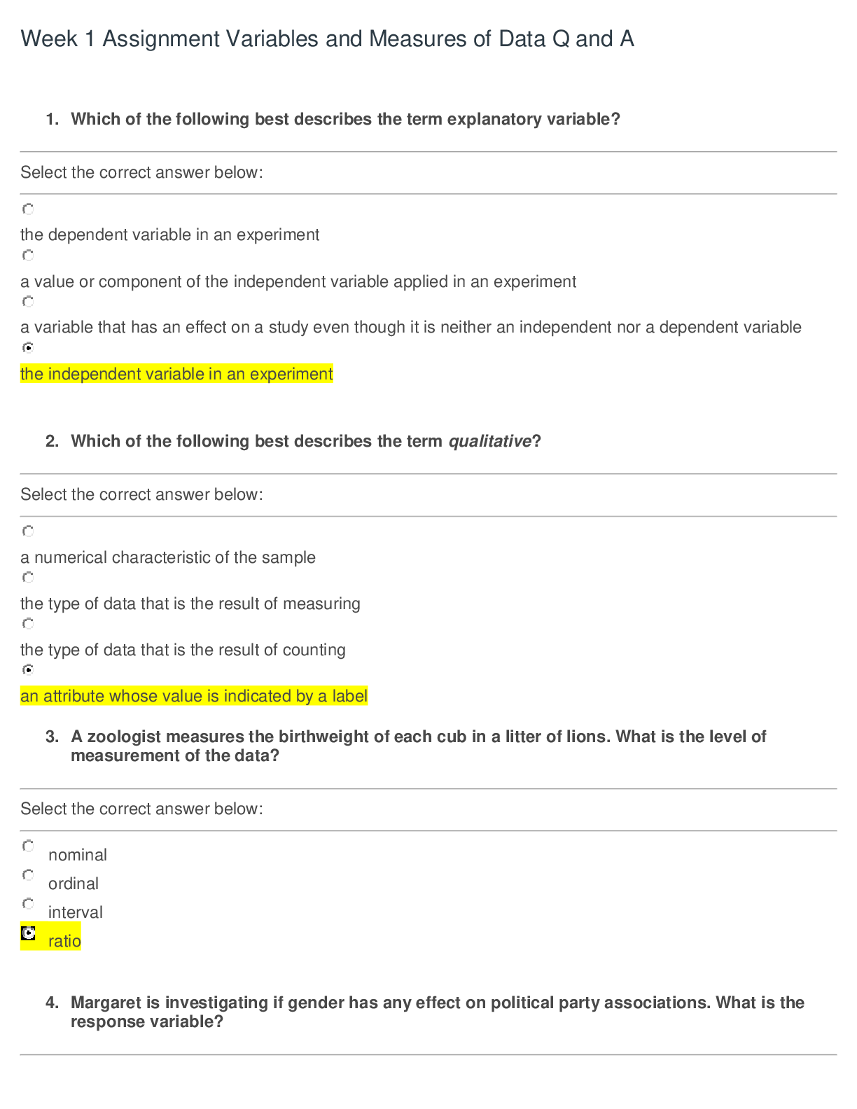 MATH 225N Week 1 Assignment Variables and Measures of Data Question  and Answers