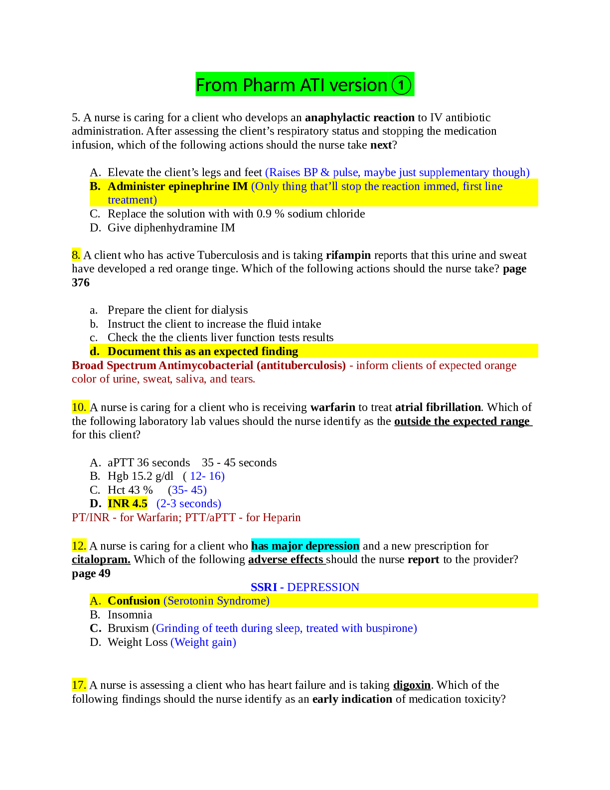 Pharmacology ATI (Pharm ATI version1) Attemp 1 or 2