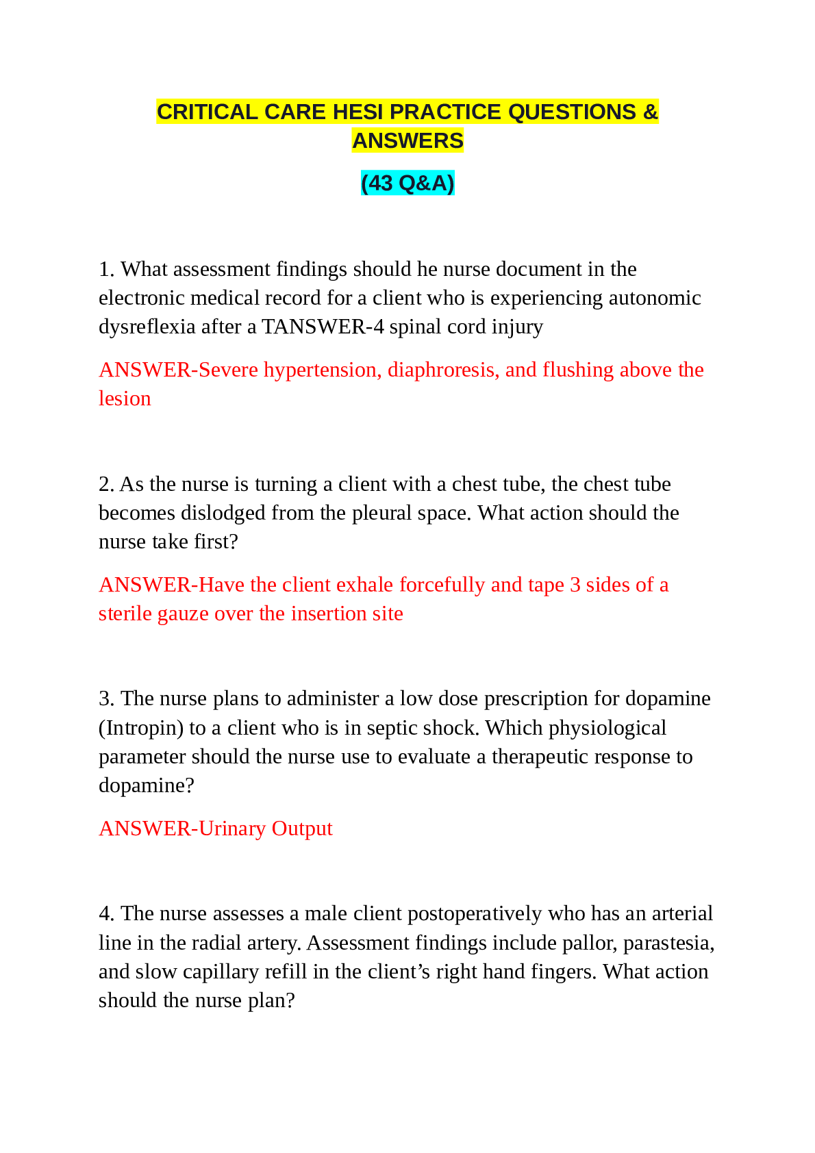 CRITICAL CARE HESI PRACTICE QUESTIONS & ANSWERS (43 Q&A)